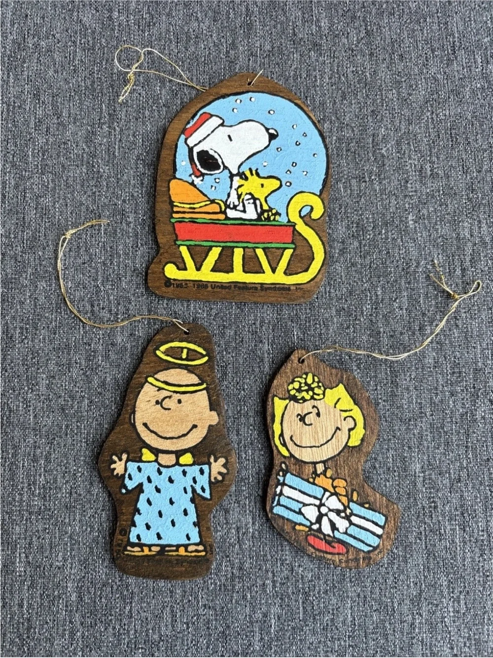 Three 1958-1965 Vintage Flat Wooden Painted Snoopy Peanuts Christmas Ornaments